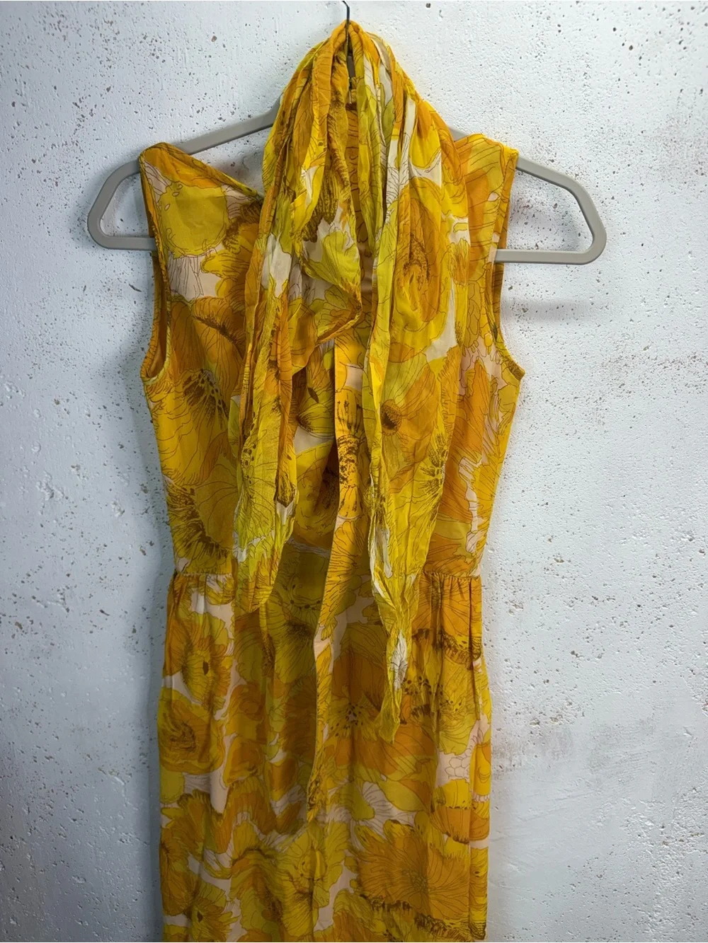 Vintage 50s 60s Sleeveless Yellow Floral Belted Dress with Scarf